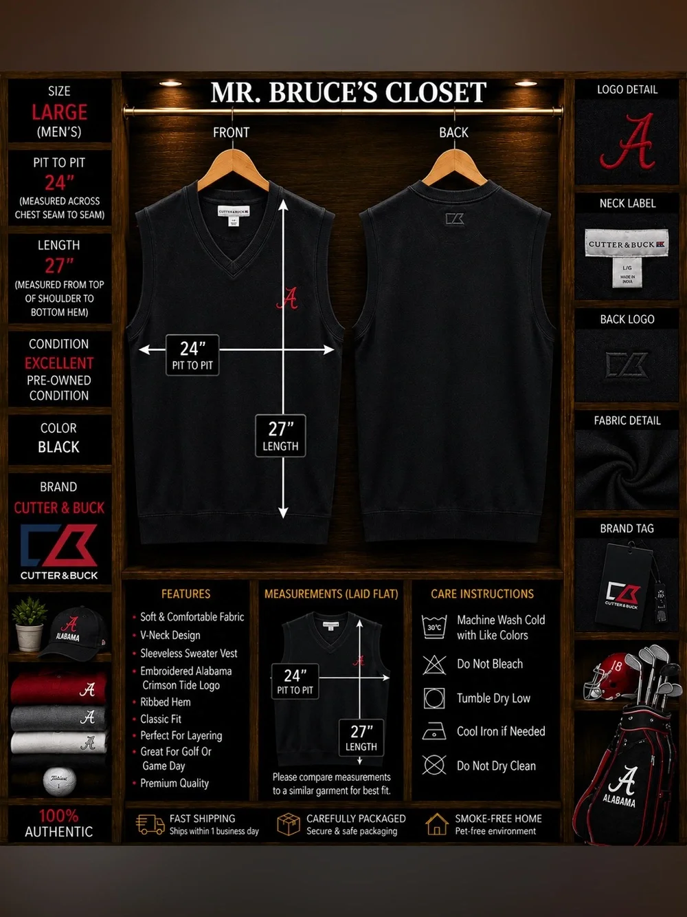 Cutter & Buck Black Sleeveless V-Neck Sweater Vest with Red Alabama A Embroidery